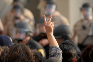 DSC_0383 Protesters and police in an uneasy standoff